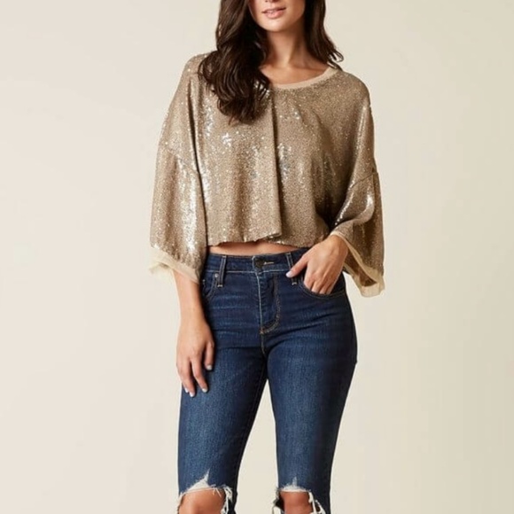 FP | Champagne Dreams Sequined Slouchy Dolman Cropped Boxy Blouse - Picture 15 of 15